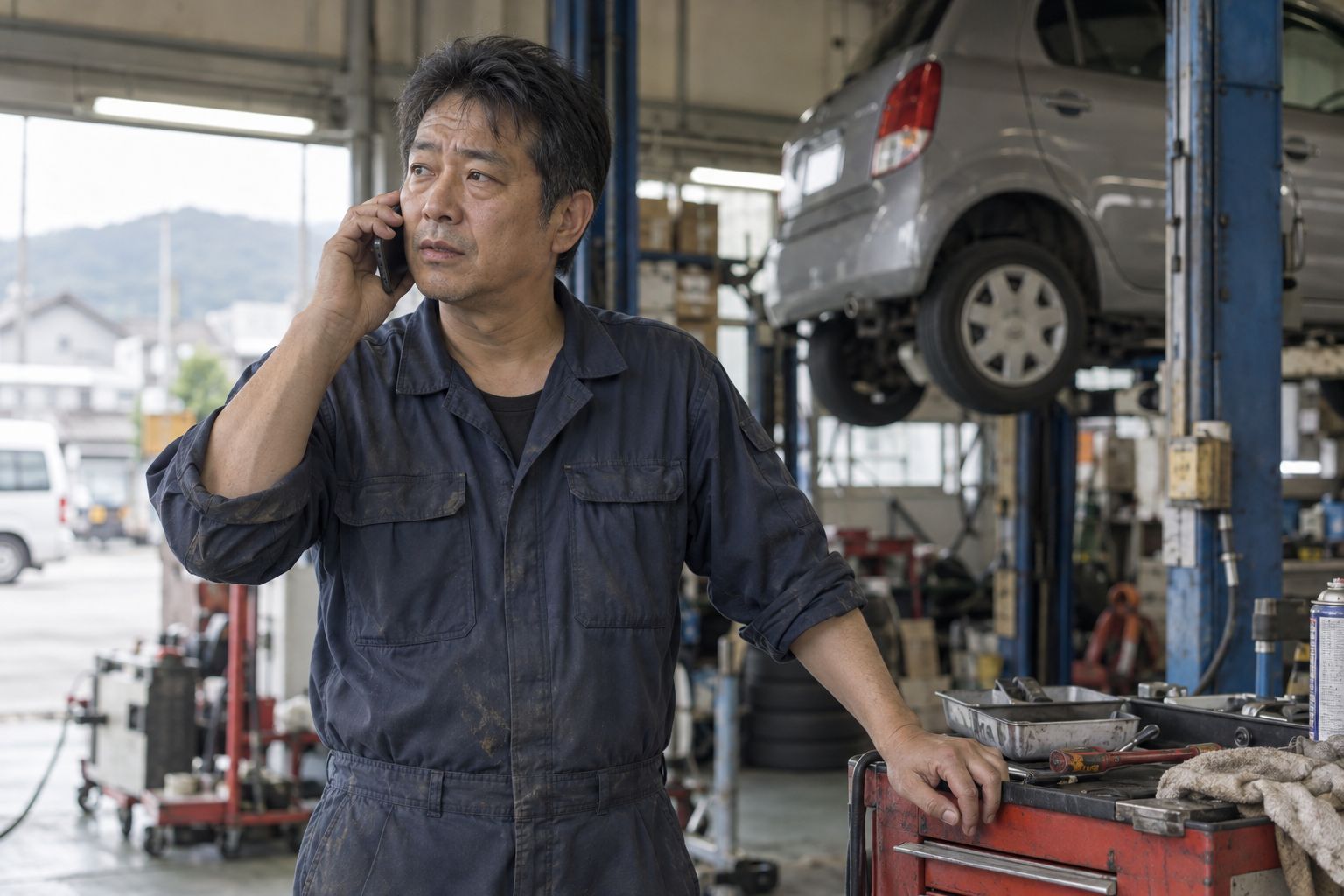 整備工場でお客様と電話している整備士（AI生成のイメージ）