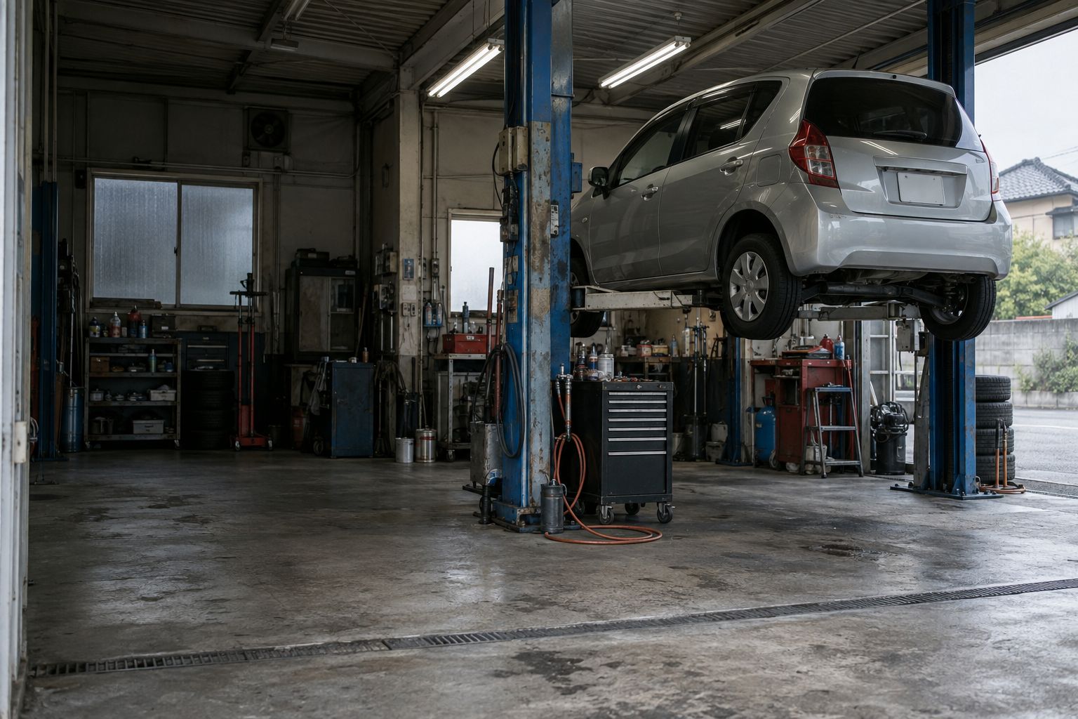 リフトで整備中の車がある小さな整備工場（AI生成のイメージ）